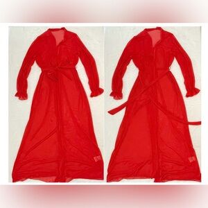 S/M Red Sheer Full Length Night Elegant Sleepwear House Coat Robe Sexy Sash Belt